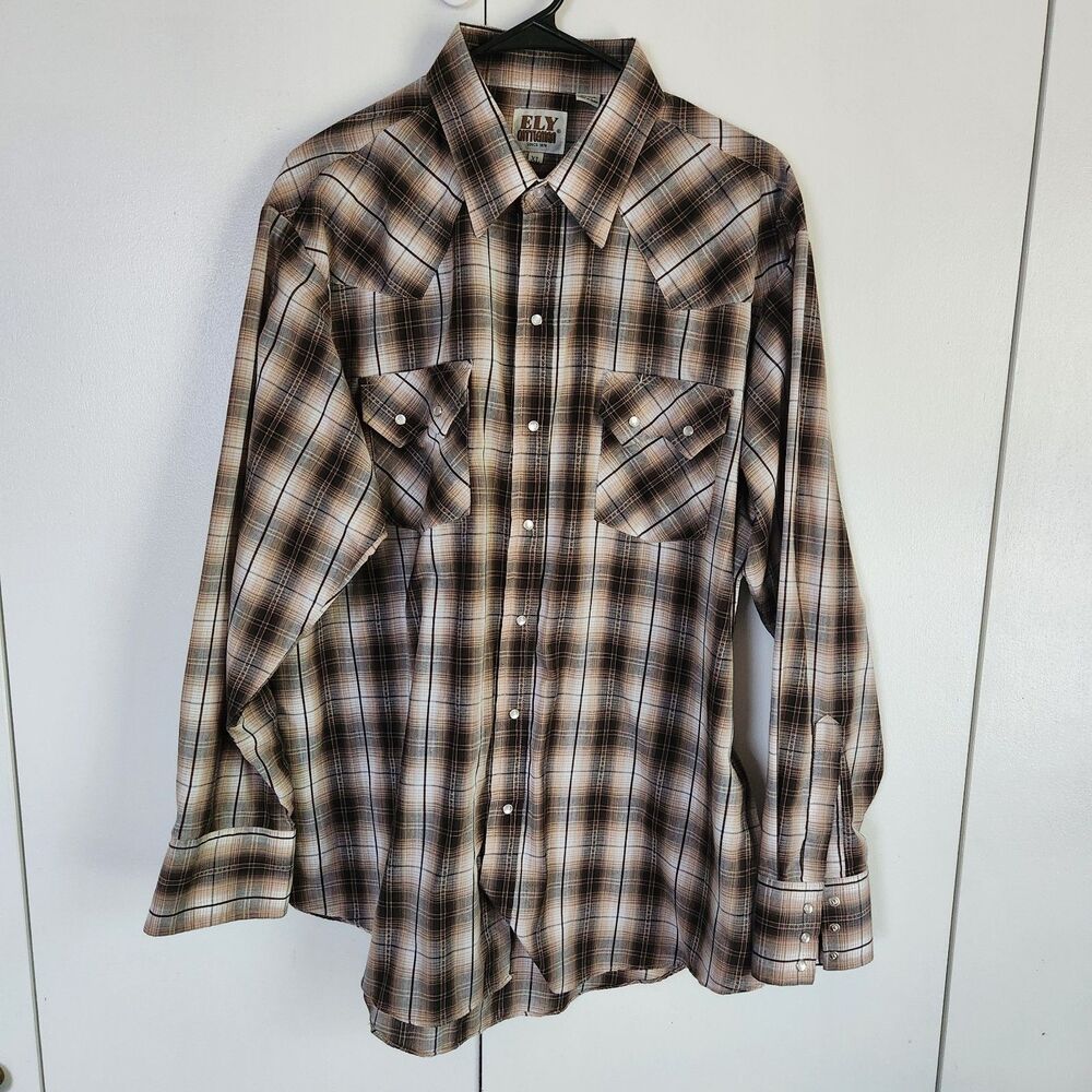 Ely Cattleman Shirt XL Pearl Snap Long Sleeve Brown Tan Plaid Lightweight